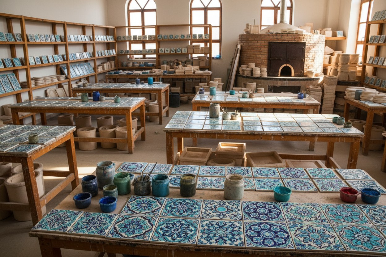Oksit Çini Atölyesi üretim salonu, dekor masaları ve raflarda kuruyan çiniler