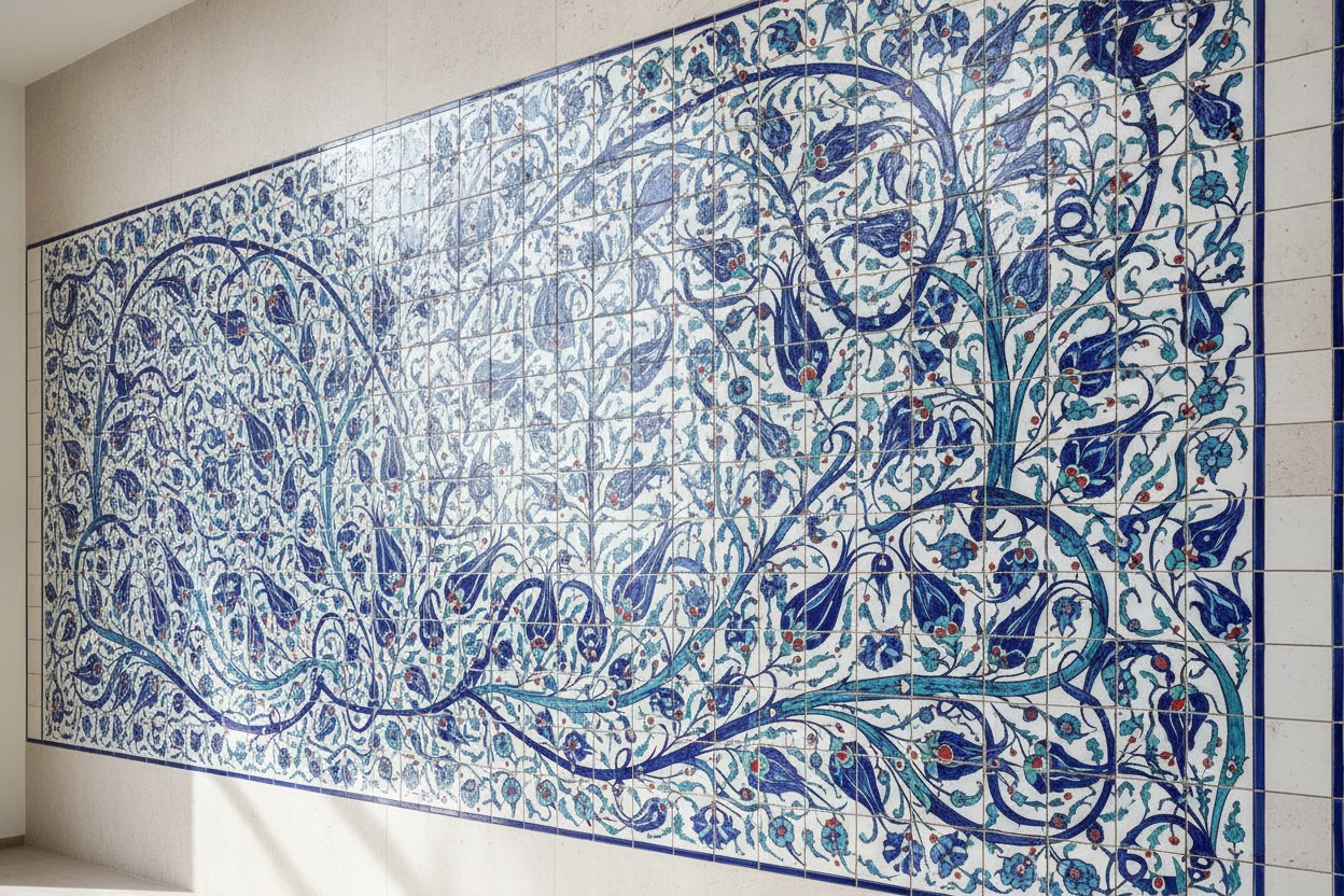 El boyaması desenli İznik çini pano detayı